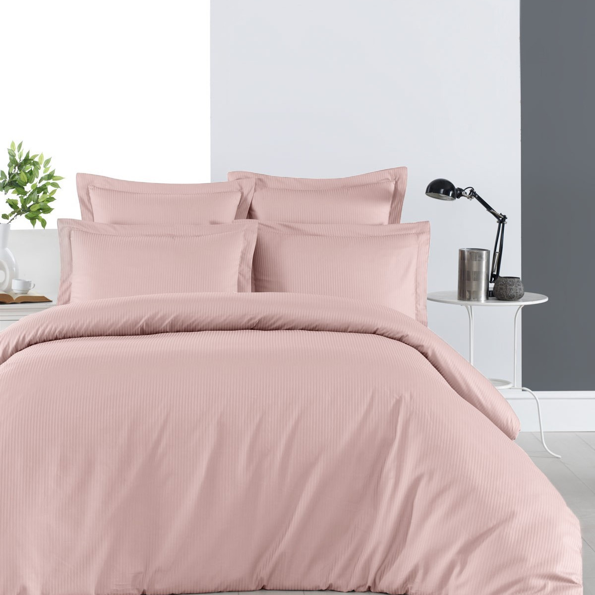 Housse de couette rayée réversible Rose Poudre 260x240 cm