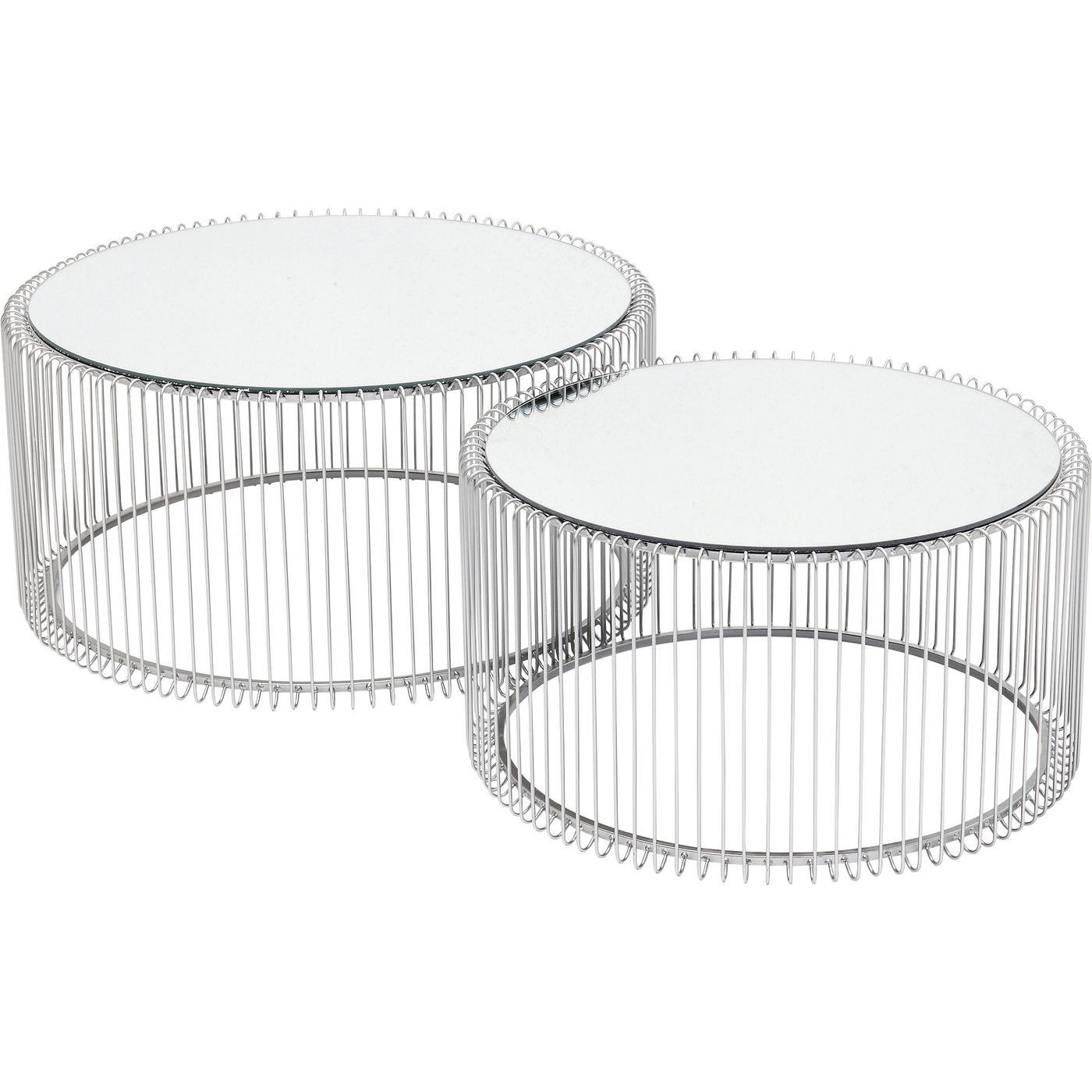 2 tables basses rondes en acier argenté et verre miroir