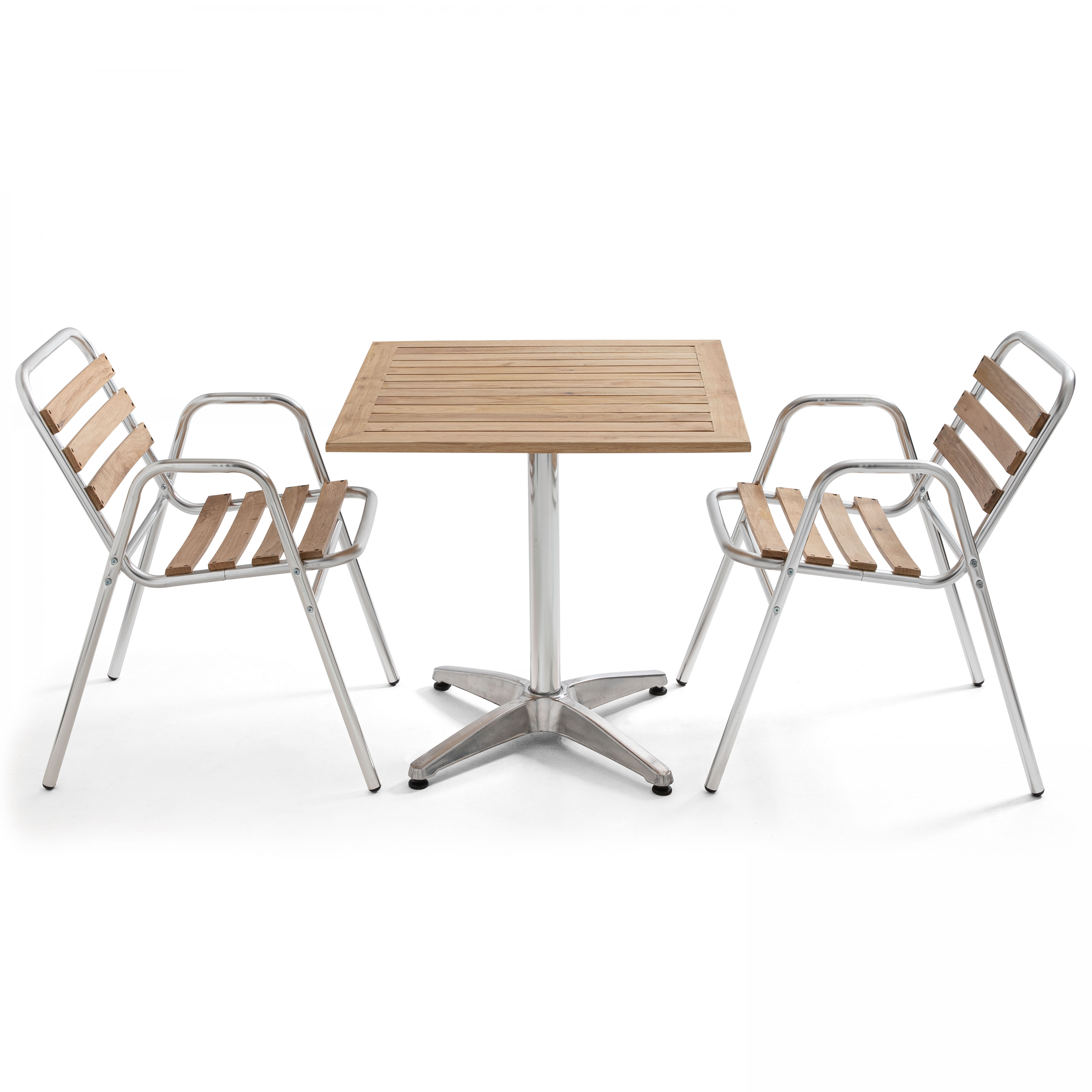 Ensemble terrasse table carrée et 2 chaises en bois et aluminium gris Ensemble terrasse table carrée et 2 chaises en bois et aluminium gris