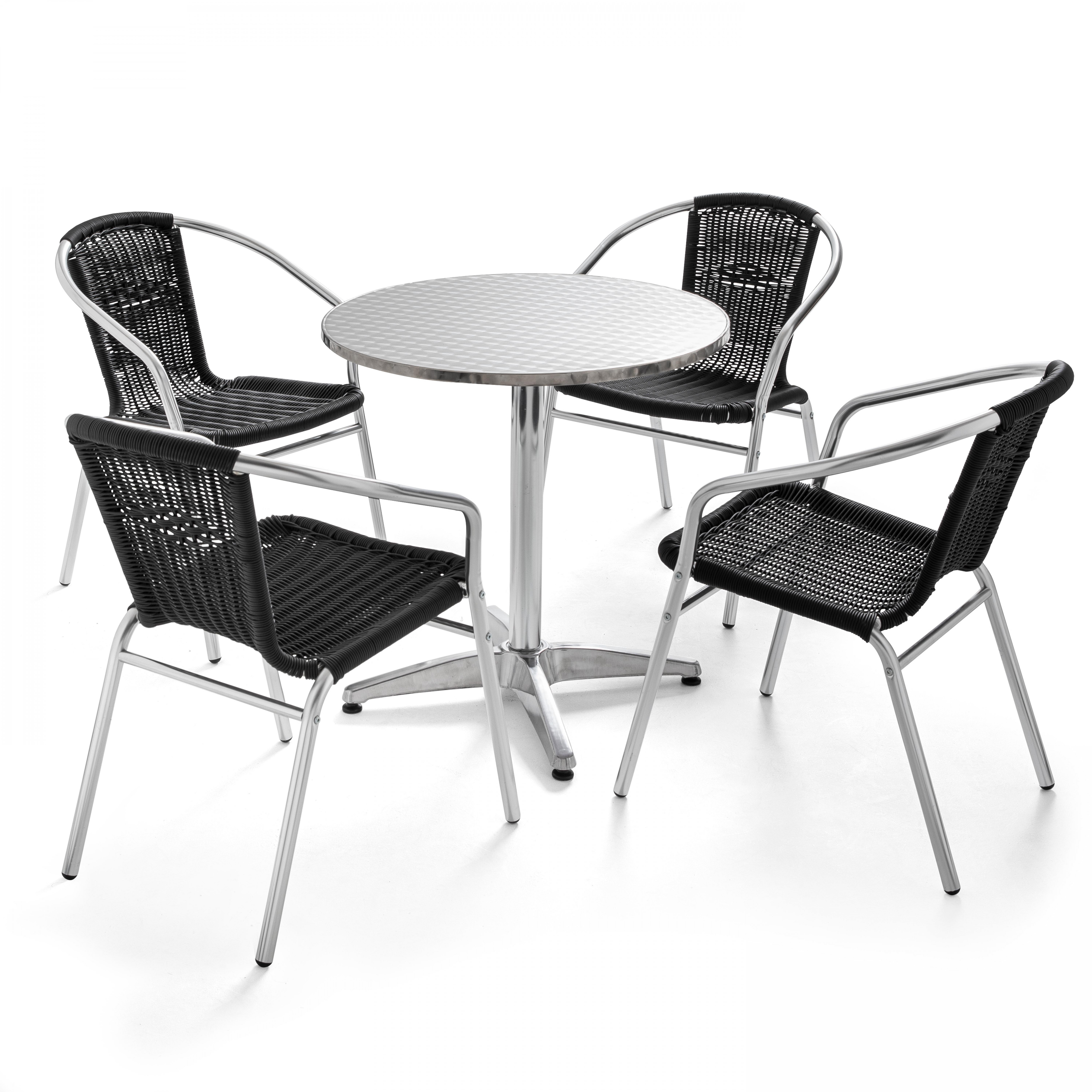 Table de jardin ronde et 4 fauteuils en aluminium et résine