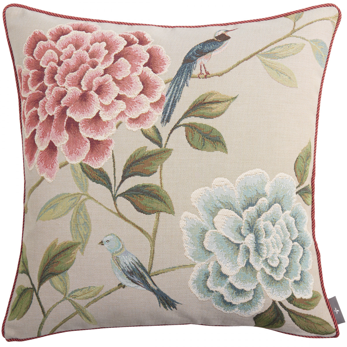 Coussin tapisserie fleurs oiseaux bleus made in france gris 50x50 Coussin tapisserie fleurs oiseaux bleus made in france gris 50x50
