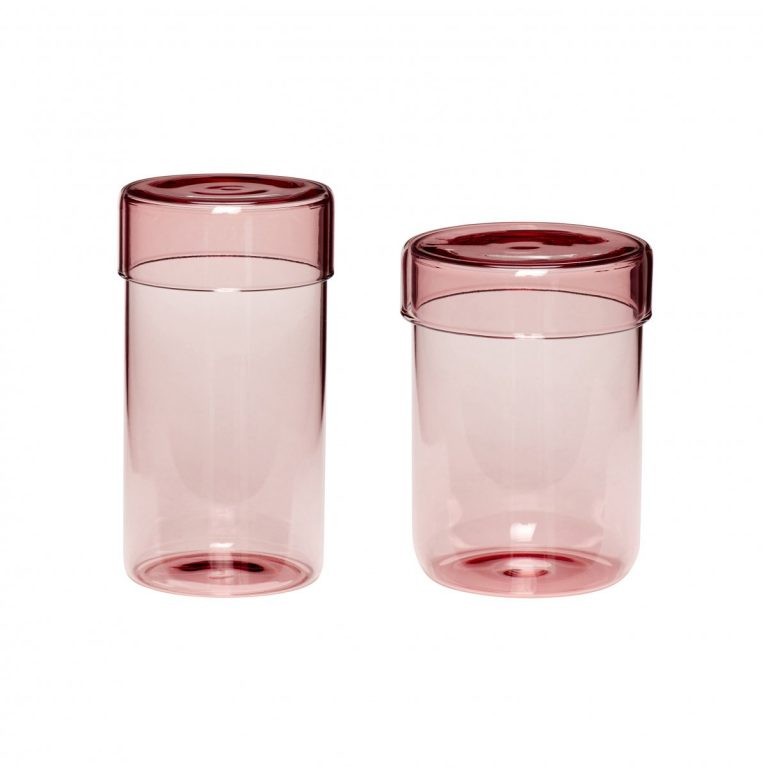 Bocal avec couvercle en verre rose (x2) (photo) Bocal avec couvercle en verre rose (x2)