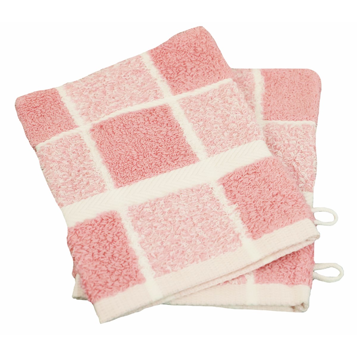 lot de 2 gants de toilette carreaux en coton rose pâle 15x21 cm