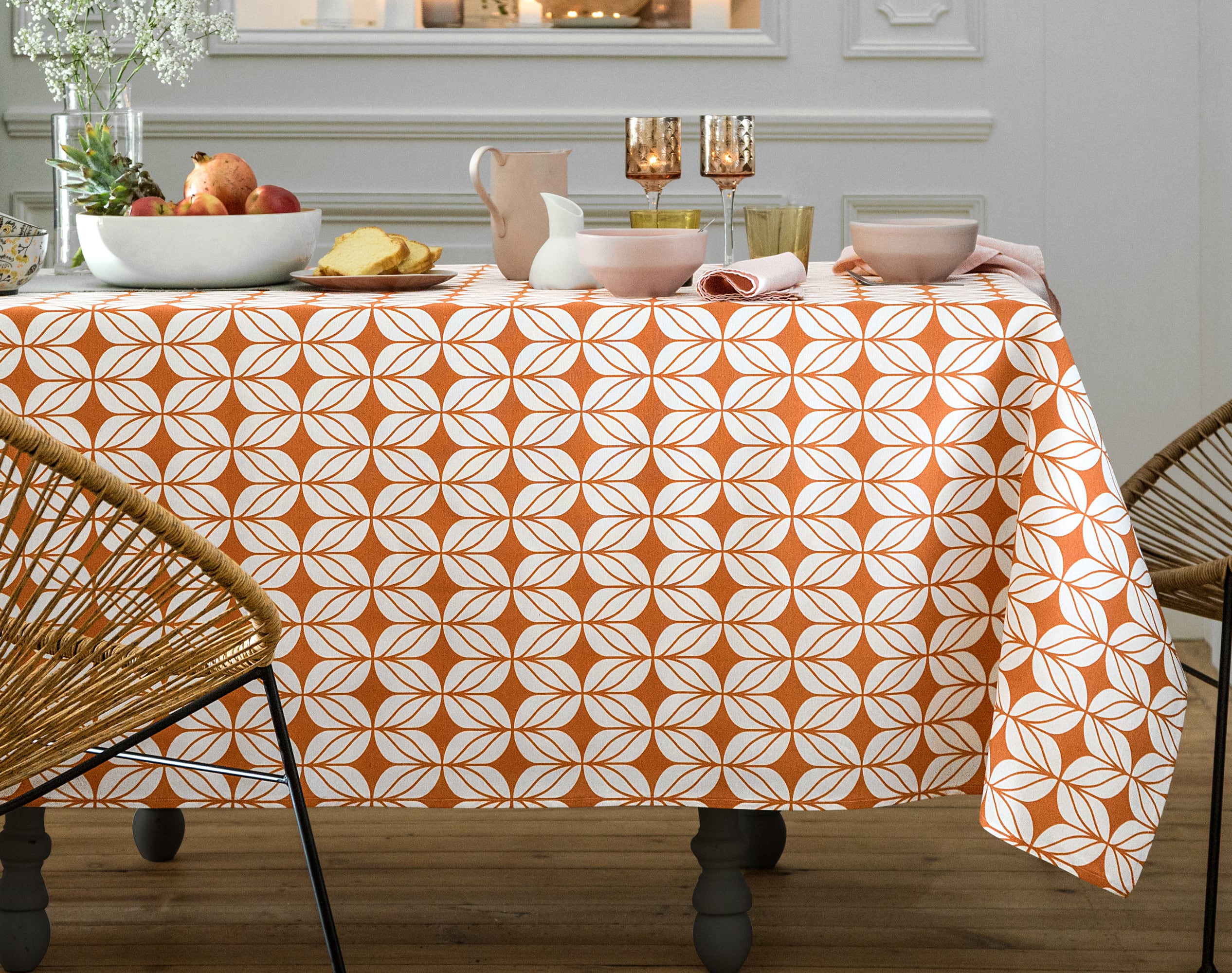 Nappe rectangulaire orange poterie en coton 150x300 Nappe rectangulaire orange poterie en coton 150x300
