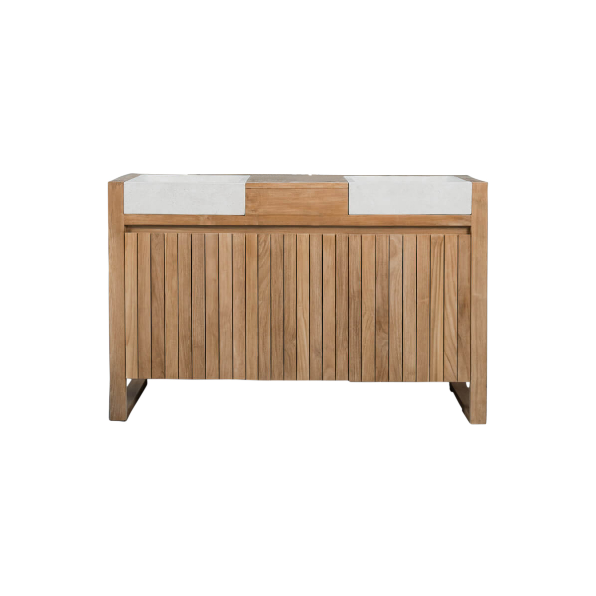Meuble de salle de bain en teck et vasques crème L140cm Meuble de salle de bain en teck et vasques crème L140cm