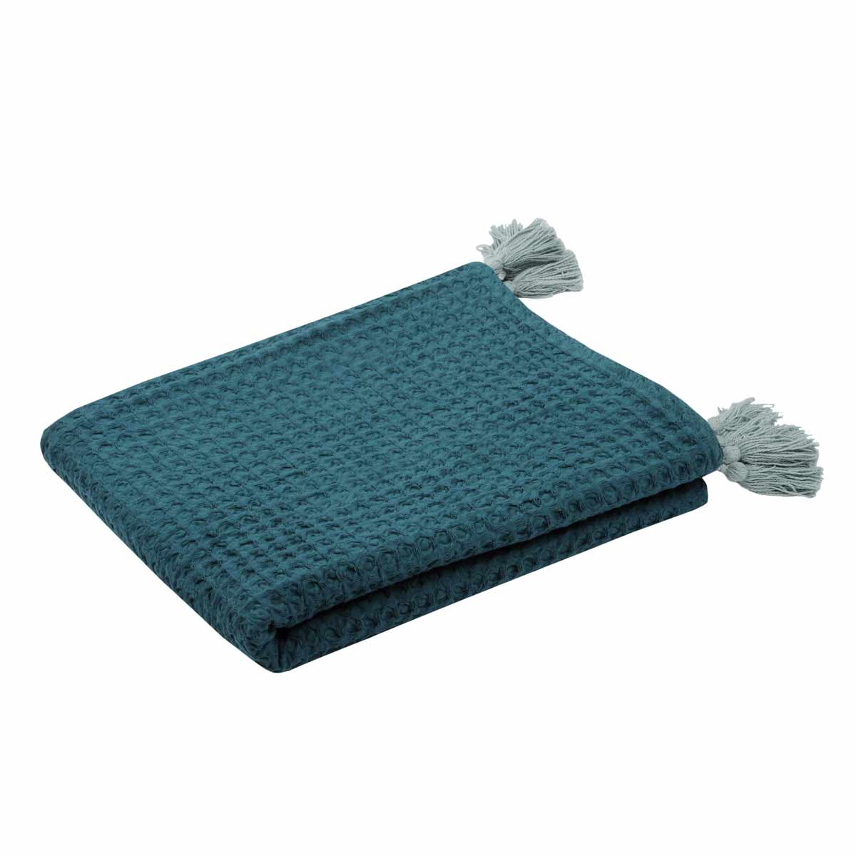 Plaid en nid d'abeille à pompons coton canard 150x125 (photo) Plaid en nid d'abeille à pompons coton canard 150x125
