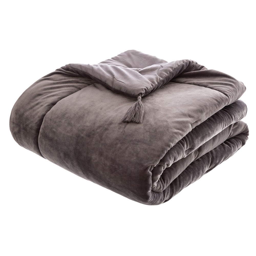 Édredon en velours et pompons polyester gris 180x80 Édredon en velours et pompons polyester gris 180x80