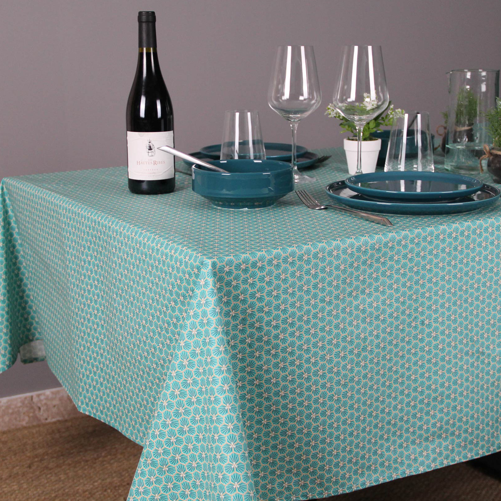 Nappe imprimée et plastifiée coton lagon 150x150 Nappe imprimée et plastifiée coton lagon 150x150