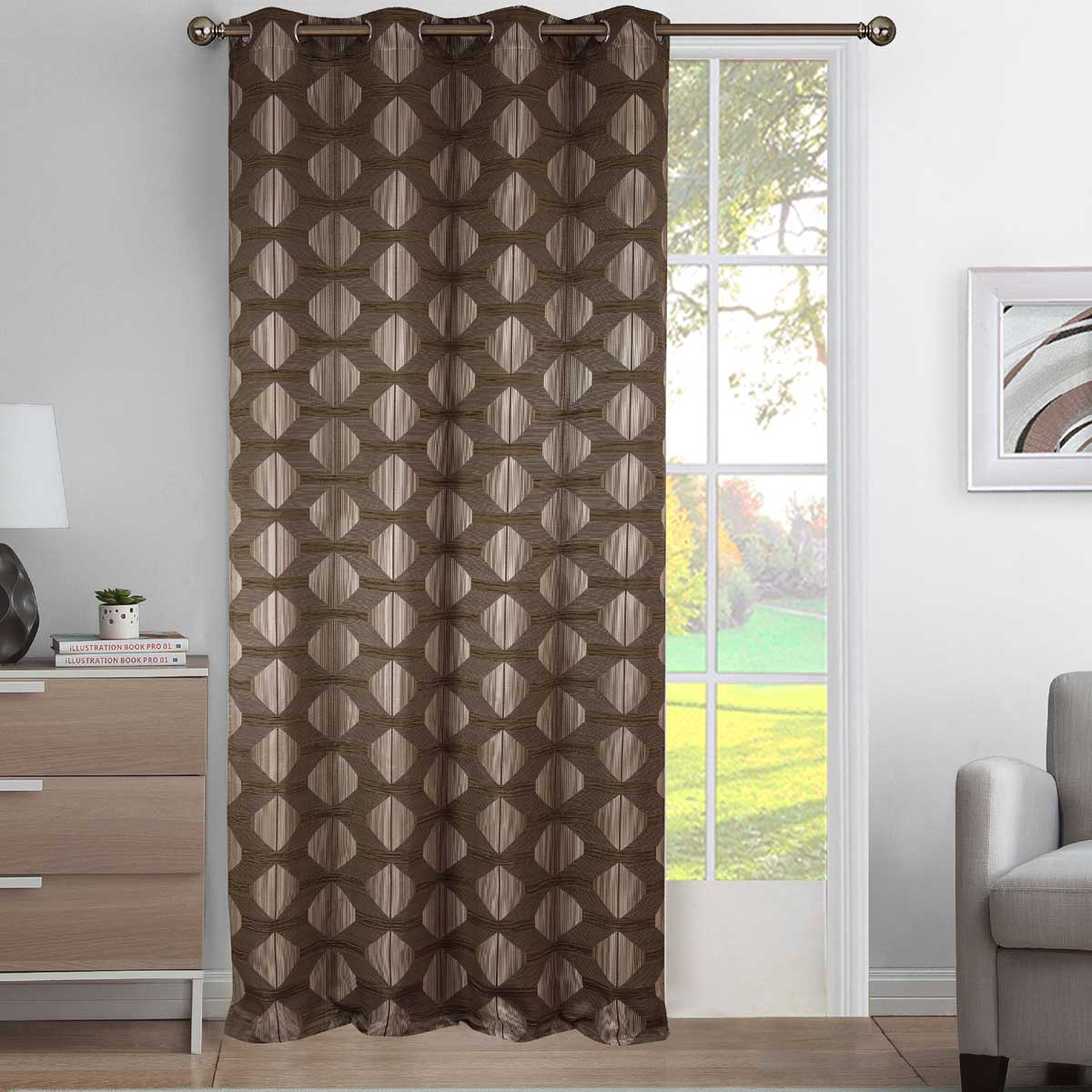 Rideau tamisant aux impressions géométriques polyester taupe 260x140 (photo) Rideau tamisant aux impressions géométriques polyester taupe 260x140
