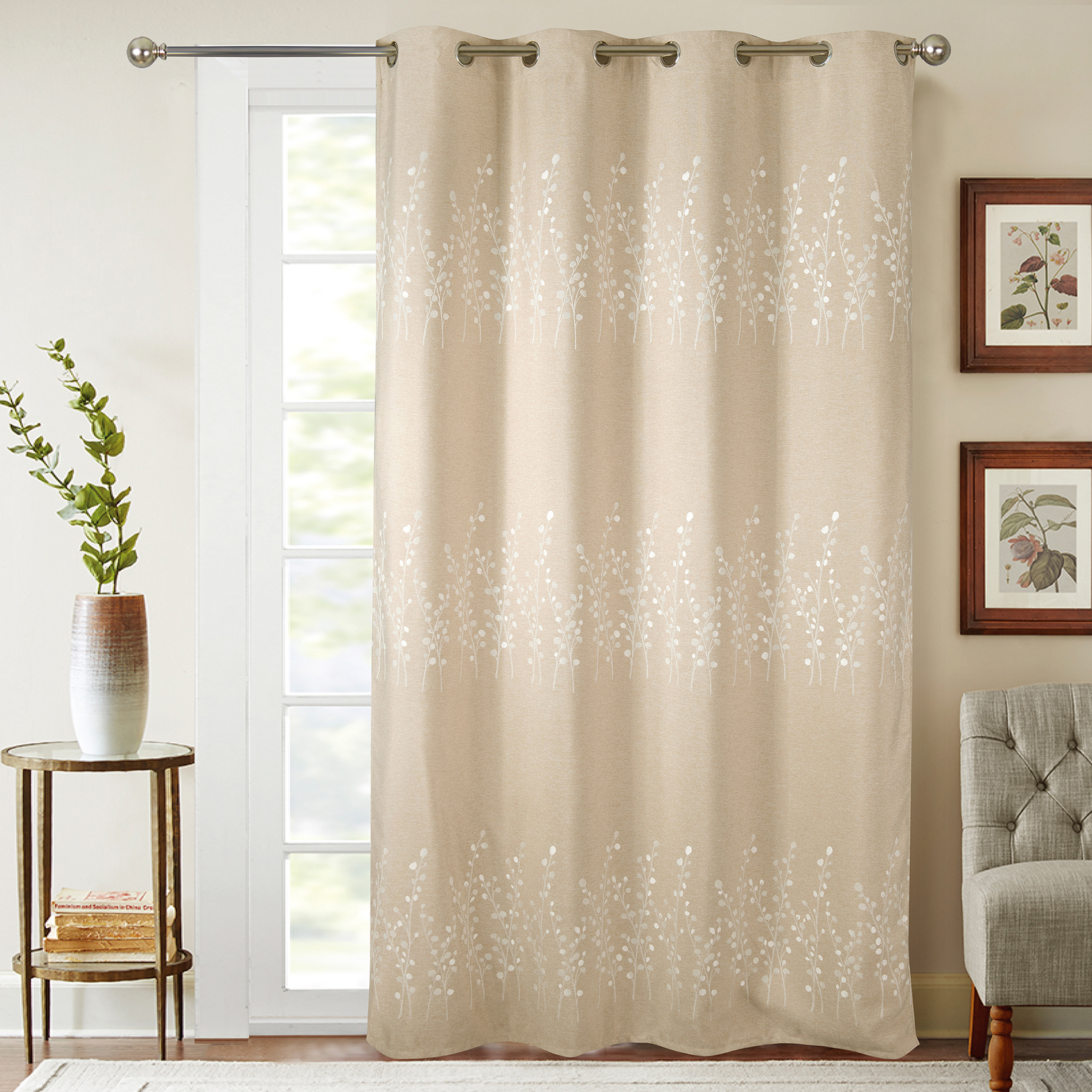 Rideaux occultant avec broderies végétales polyester beige 260x140 Rideaux occultant avec broderies végétales polyester beige 260x140