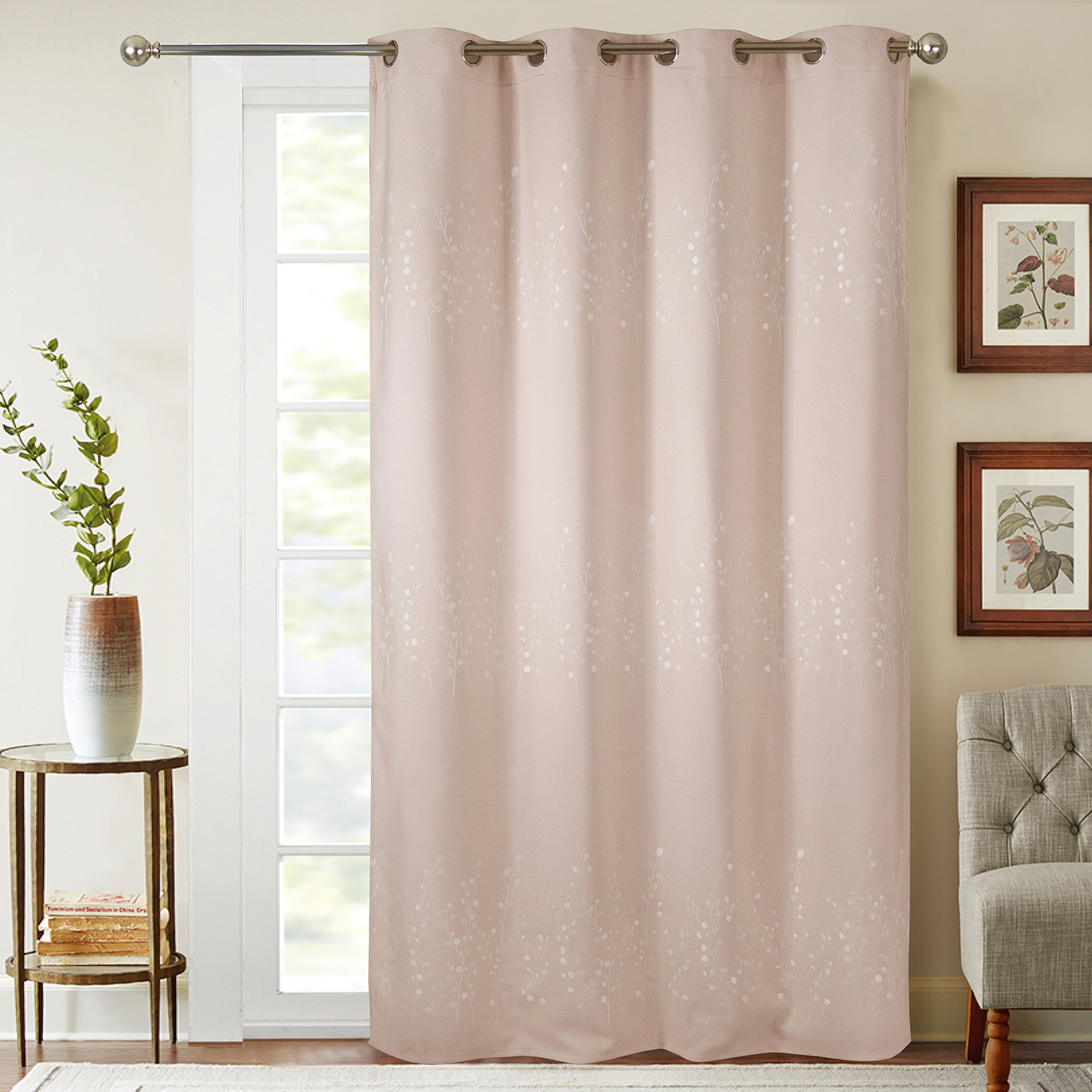 Rideaux occultant avec broderies végétales polyester rose 260x140 (photo) Rideaux occultant avec broderies végétales polyester rose 260x140