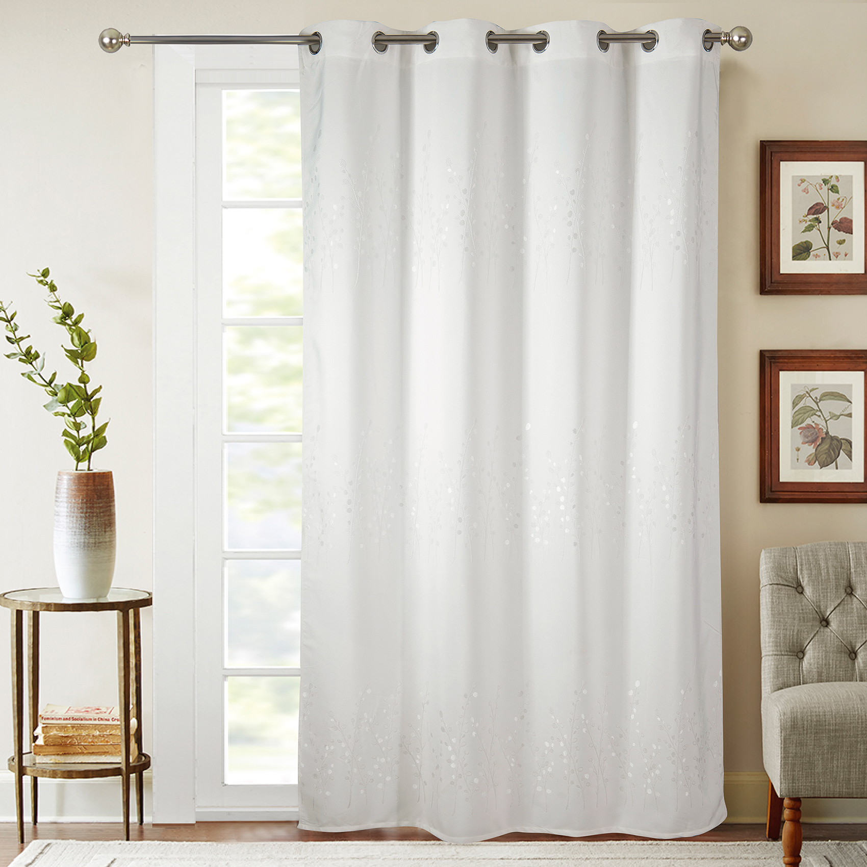 Rideaux occultant avec broderies végétales polyester blanc 260x140 (photo) Rideaux occultant avec broderies végétales polyester blanc 260x140