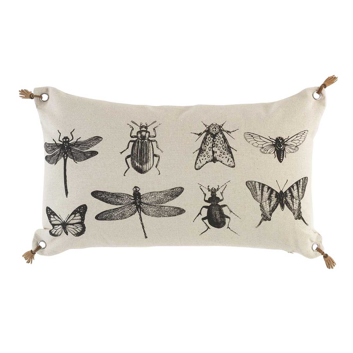 Coussin imprimé d'insectes à pompons de cuir polyester naturel 50x30 (photo) Coussin imprimé d'insectes à pompons de cuir polyester naturel 50x30