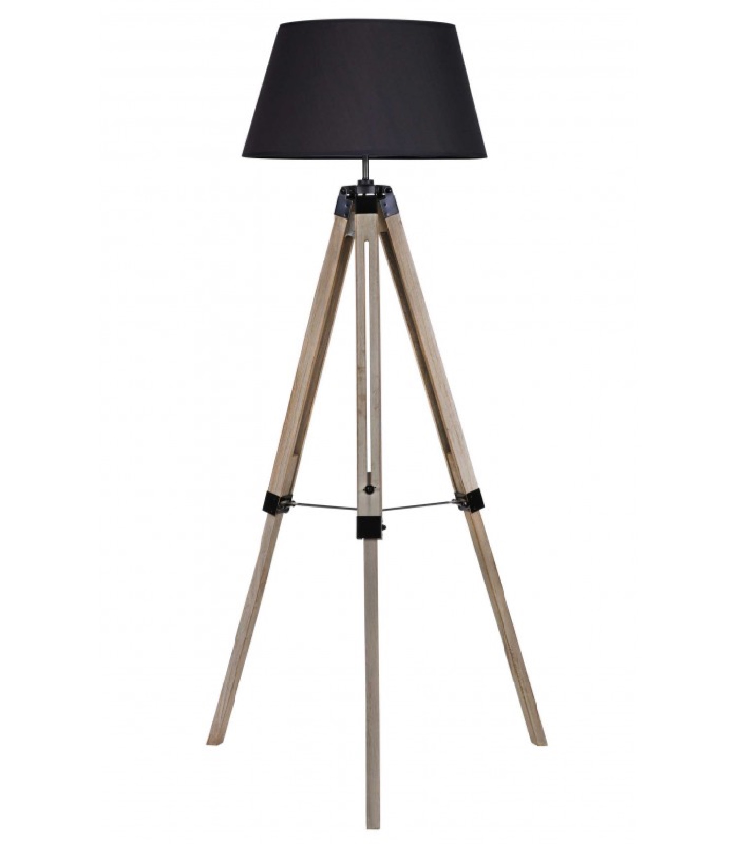 Lampadaire trépied bois abat-jour noir H144cm (photo) Lampadaire trépied bois abat-jour noir H144cm