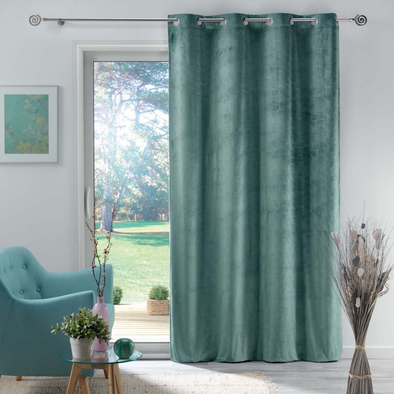 Rideau en velours motif feuillage exotique polyester menthe 280x140 (photo) Rideau en velours motif feuillage exotique polyester menthe 280x140