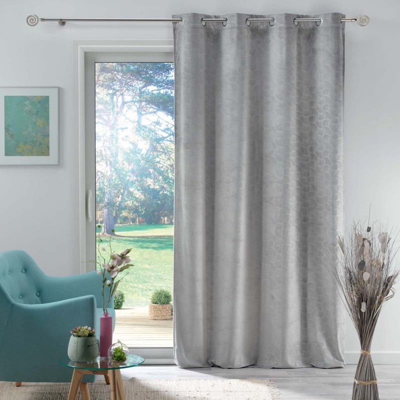 Rideau en velours motif feuillage exotique polyester gris 280x140 (photo) Rideau en velours motif feuillage exotique polyester gris 280x140
