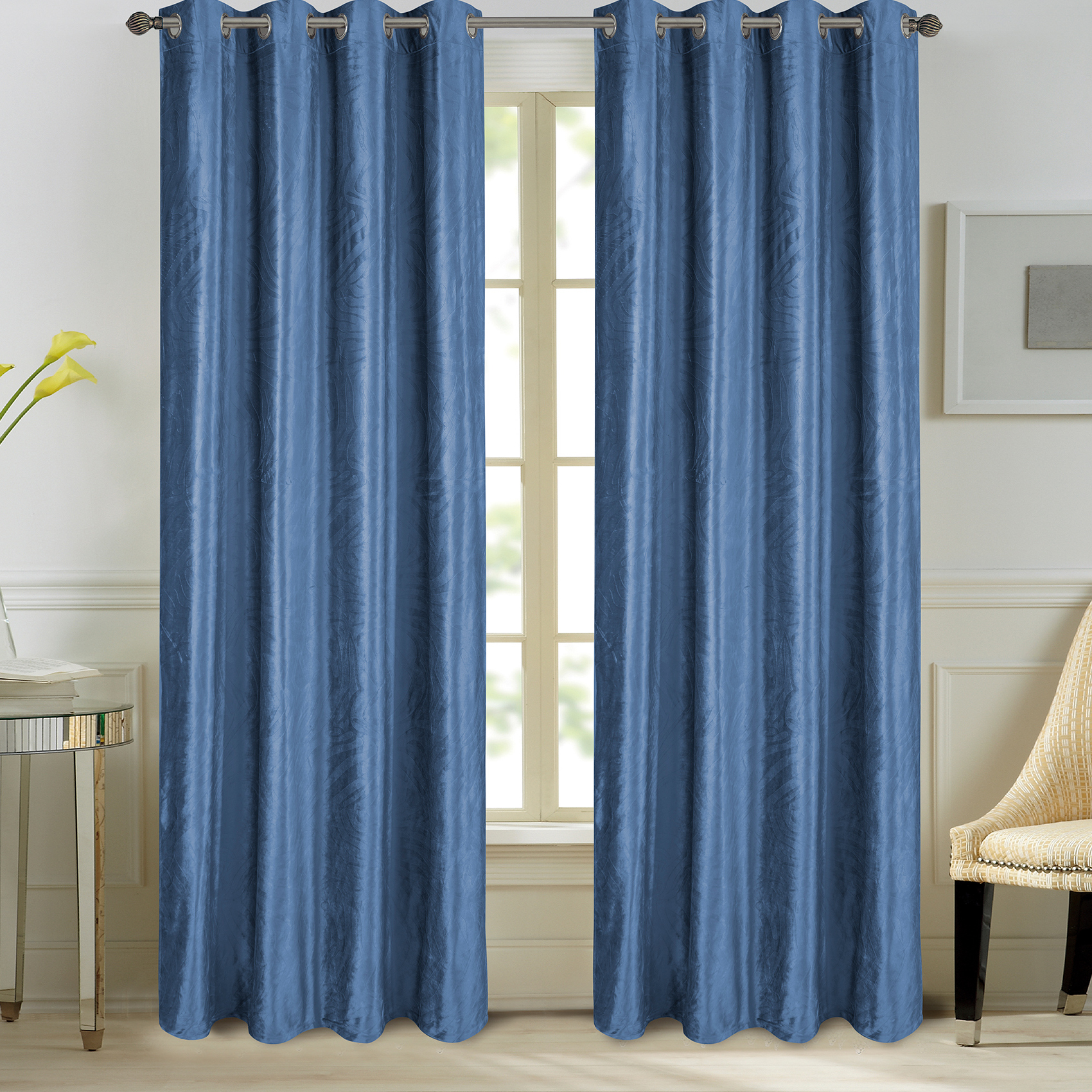 Paire de rideaux en velours et motifs frappés velours bleu 260x140 (photo) Paire de rideaux en velours et motifs frappés velours bleu 260x140