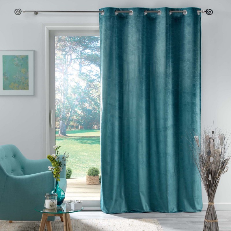 Rideau en velours motif feuillage exotique polyester bleu 280x140 (photo) Rideau en velours motif feuillage exotique polyester bleu 280x140