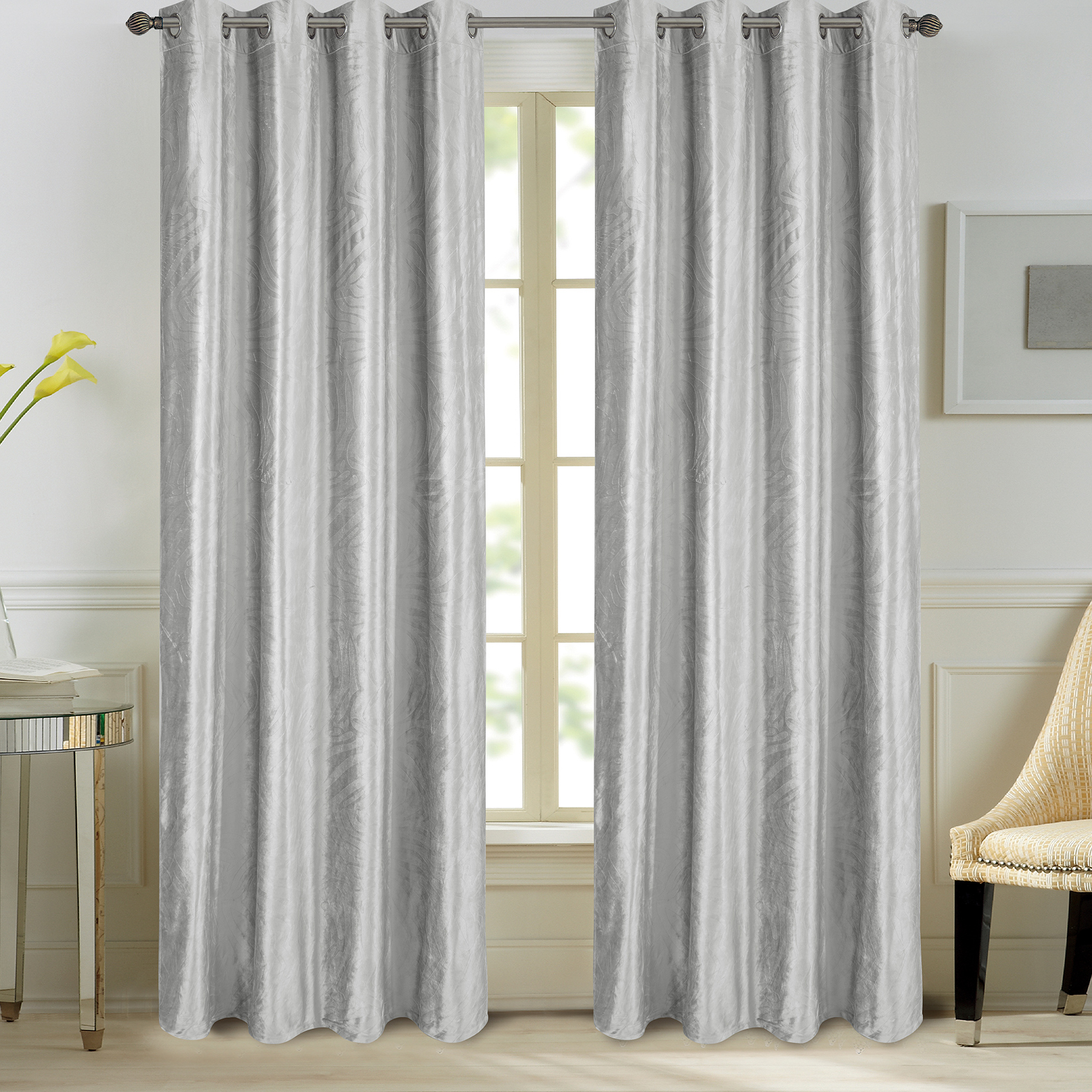 Paire de rideaux en velours et motifs frappés velours gris 260x140 (photo) Paire de rideaux en velours et motifs frappés velours gris 260x140