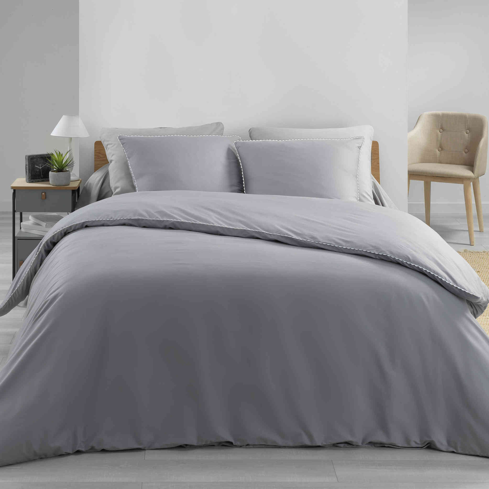 Parure de lit percale louméa gris/blanc 240x220 cm