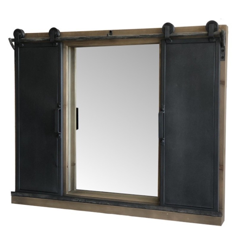 Miroir à fenêtre industriel en bois fer métal 65x80