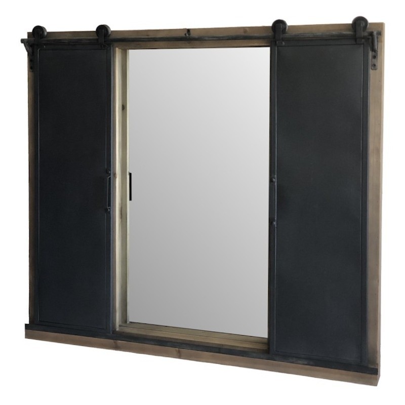 Miroir fenêtre volet avec roulettes en bois et fer Miroir fenêtre volet avec roulettes en bois et fer