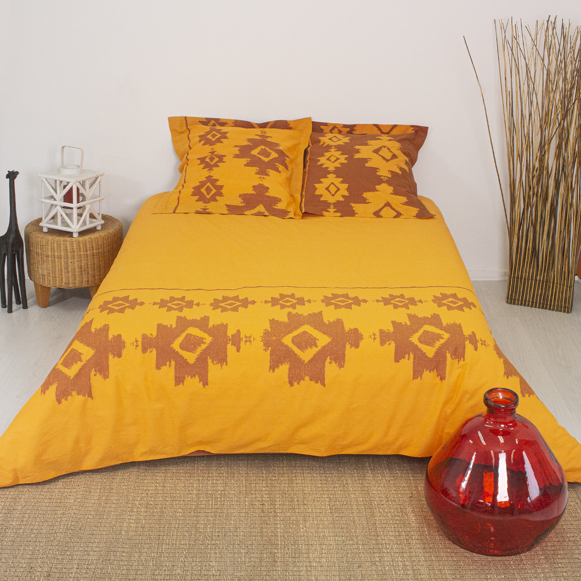Parure de lit imprimée ethnique coton curry 220x240 Parure de lit imprimée ethnique coton curry 220x240