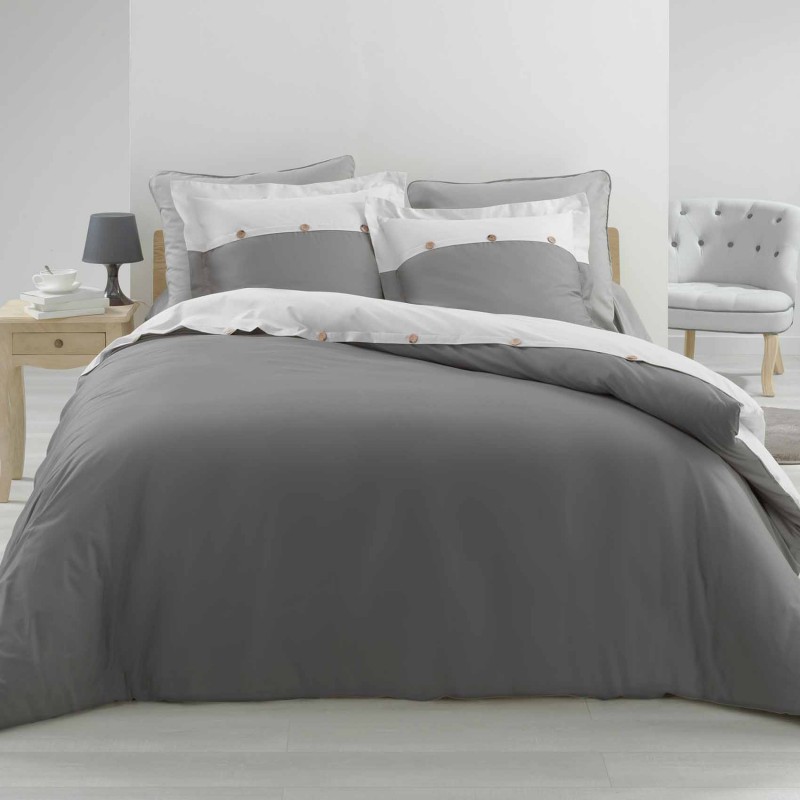 Parure de lit finition boutons bois coton anthracite/blanc 220x240 Parure de lit finition boutons bois coton anthracite/blanc 220x240