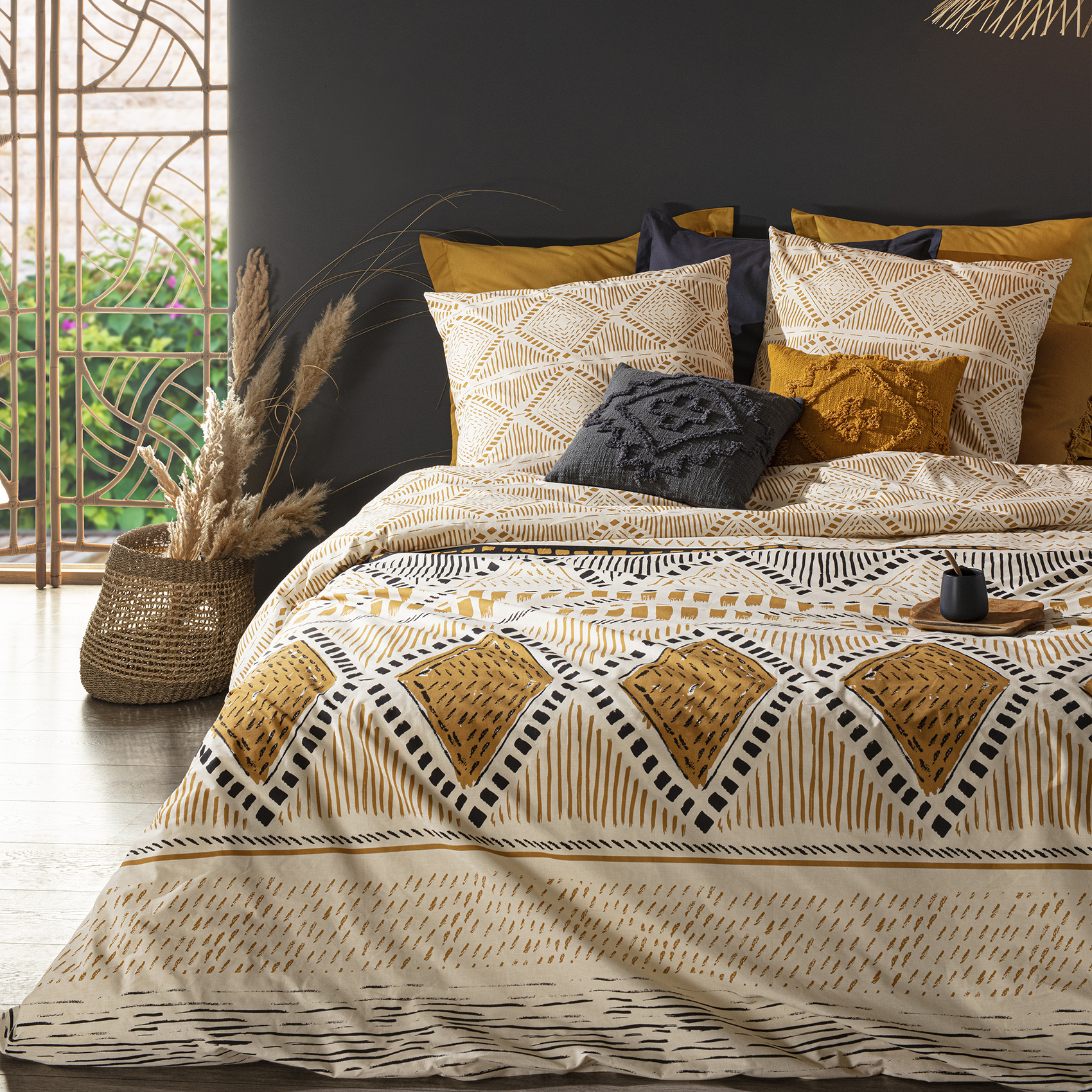 Parure de lit motifs africains coton ocre 220x240
