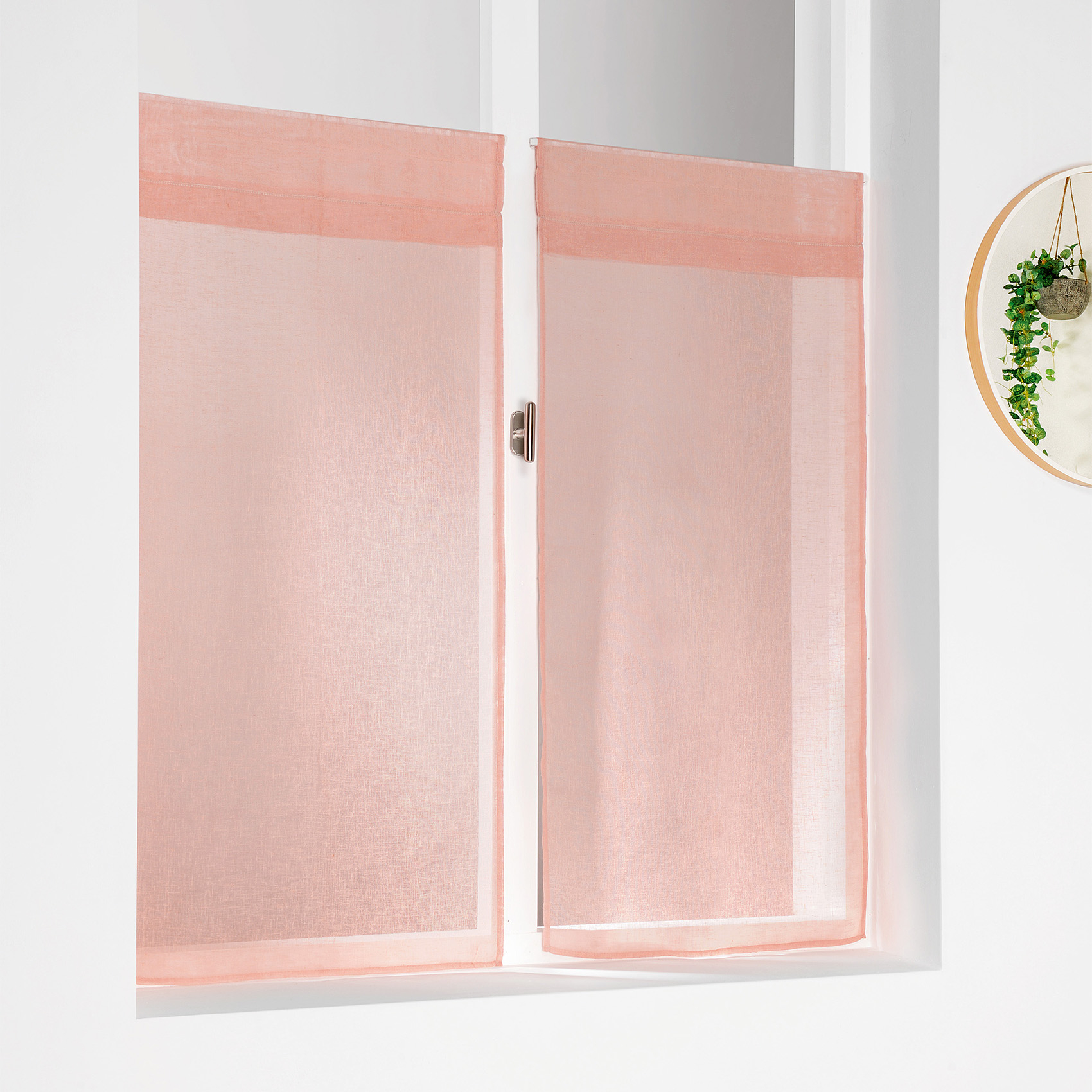 Paire de vitrages unis et tamisants en poly/lin polyester rose 90 x 45