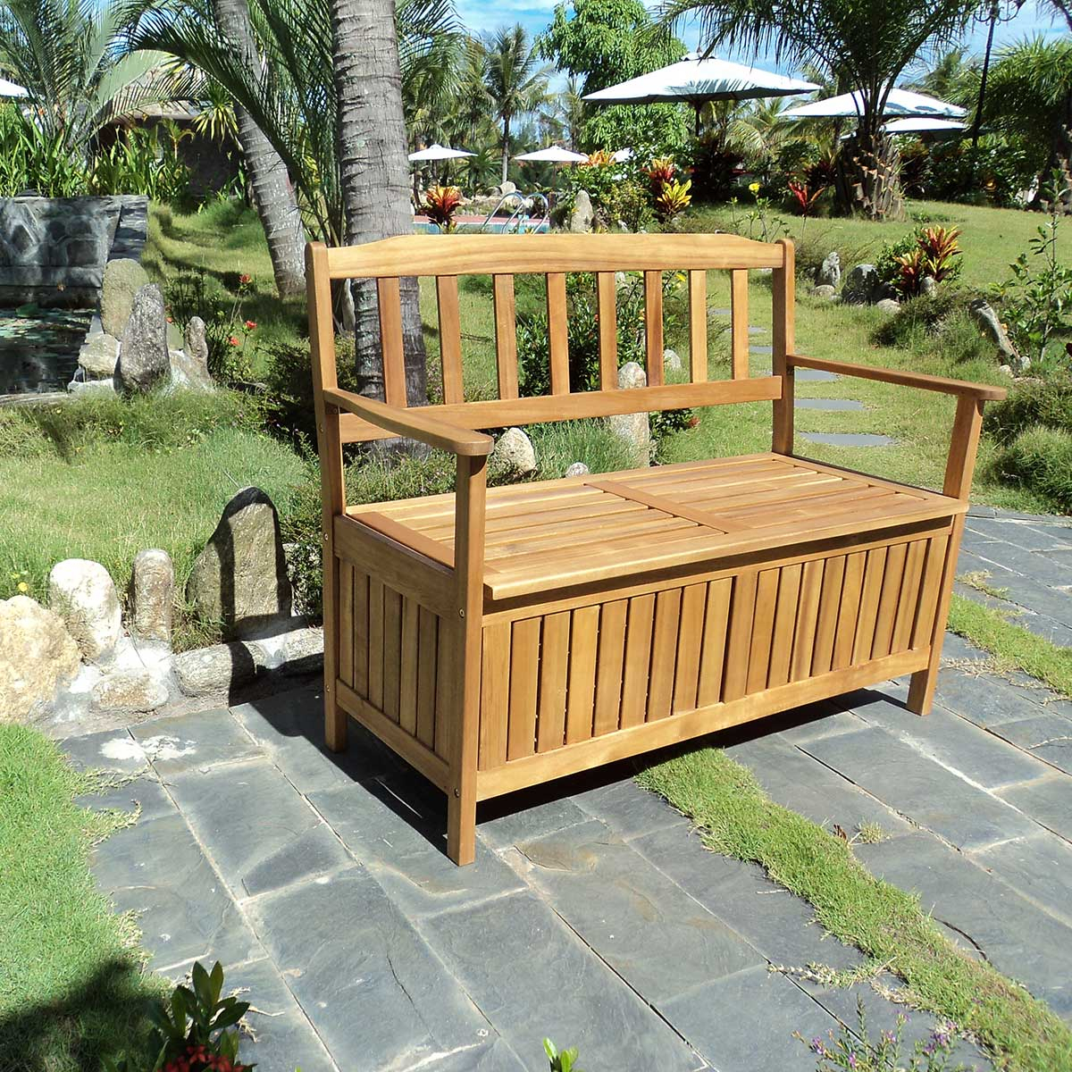 Banc de jardin en acacia avec coffre de rangement Banc de jardin en acacia avec coffre de rangement