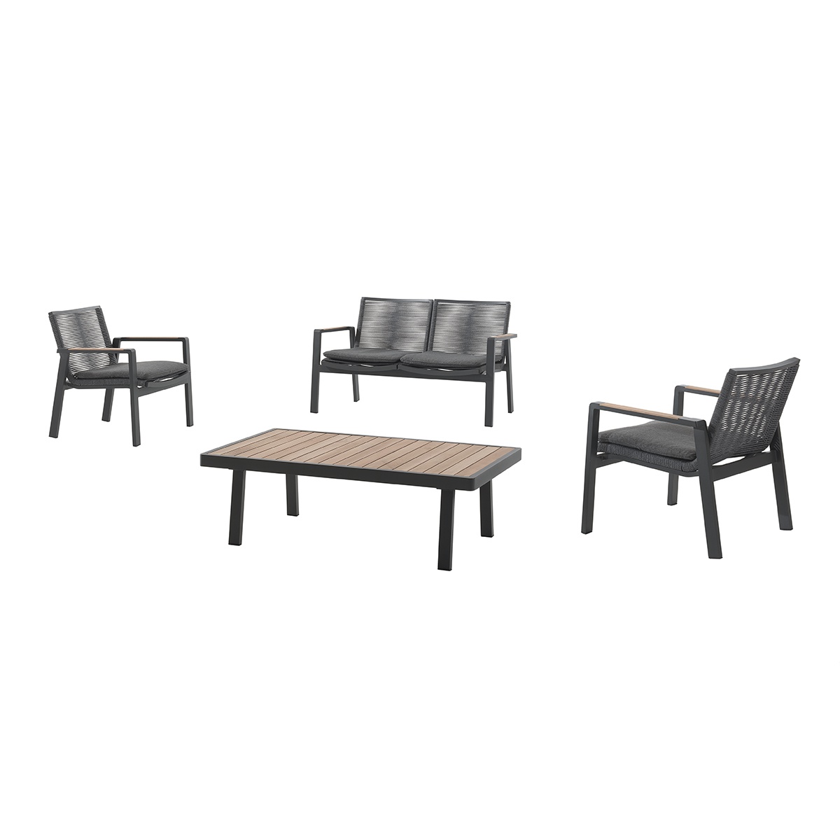 Salon détente 4 places en alu anthracite teck et corde olefin gris