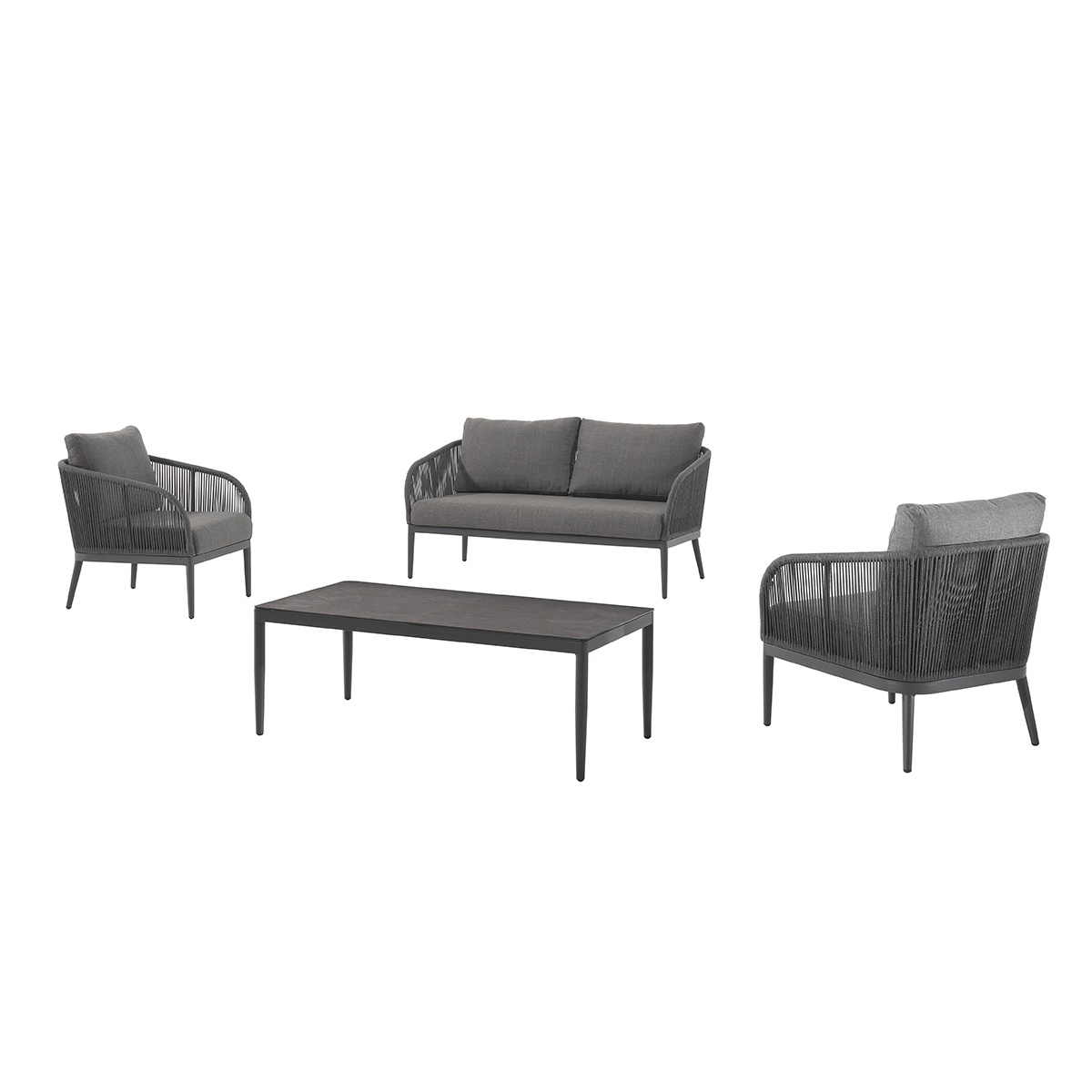 Salon détente 4 places alu anthracite et corde olefin gris