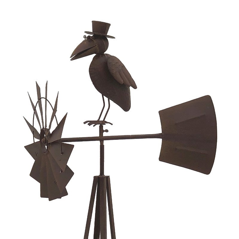 Grande girouette éolienne corbeau à chapeau en métal marron Grande girouette éolienne corbeau à chapeau en métal marron