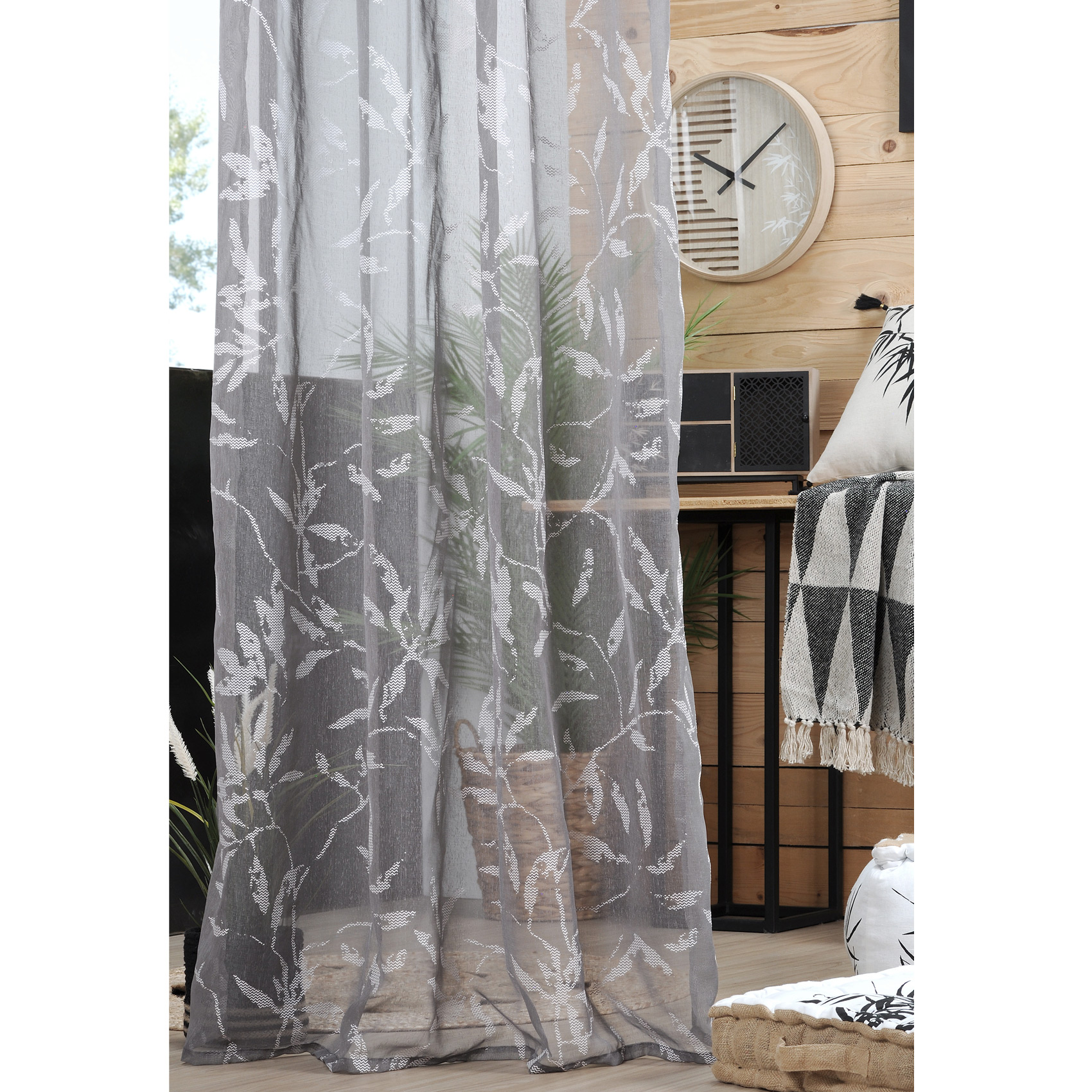Voilage à œillets imprimé fengshui polyester taupe 260x140 (photo) Voilage à œillets imprimé fengshui polyester taupe 260x140