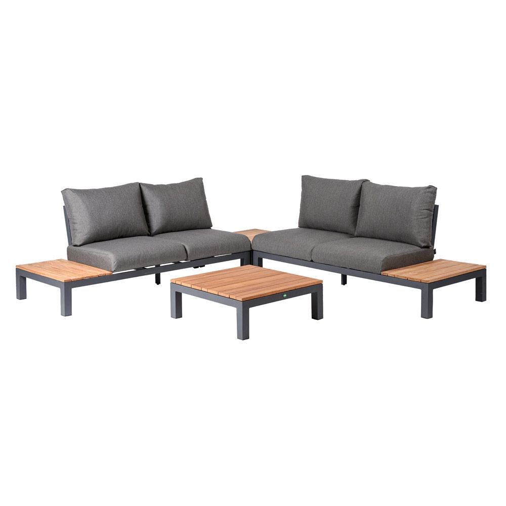 Salon de jardin modulable en aluminium noir et teck gris anthracite