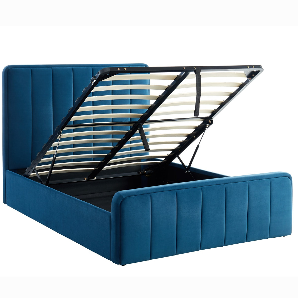 Lit coffre en velours bleu canard 140x190 avec sommier et tête de lit (photo) Lit coffre en velours bleu canard 140x190 avec sommier et tête de lit