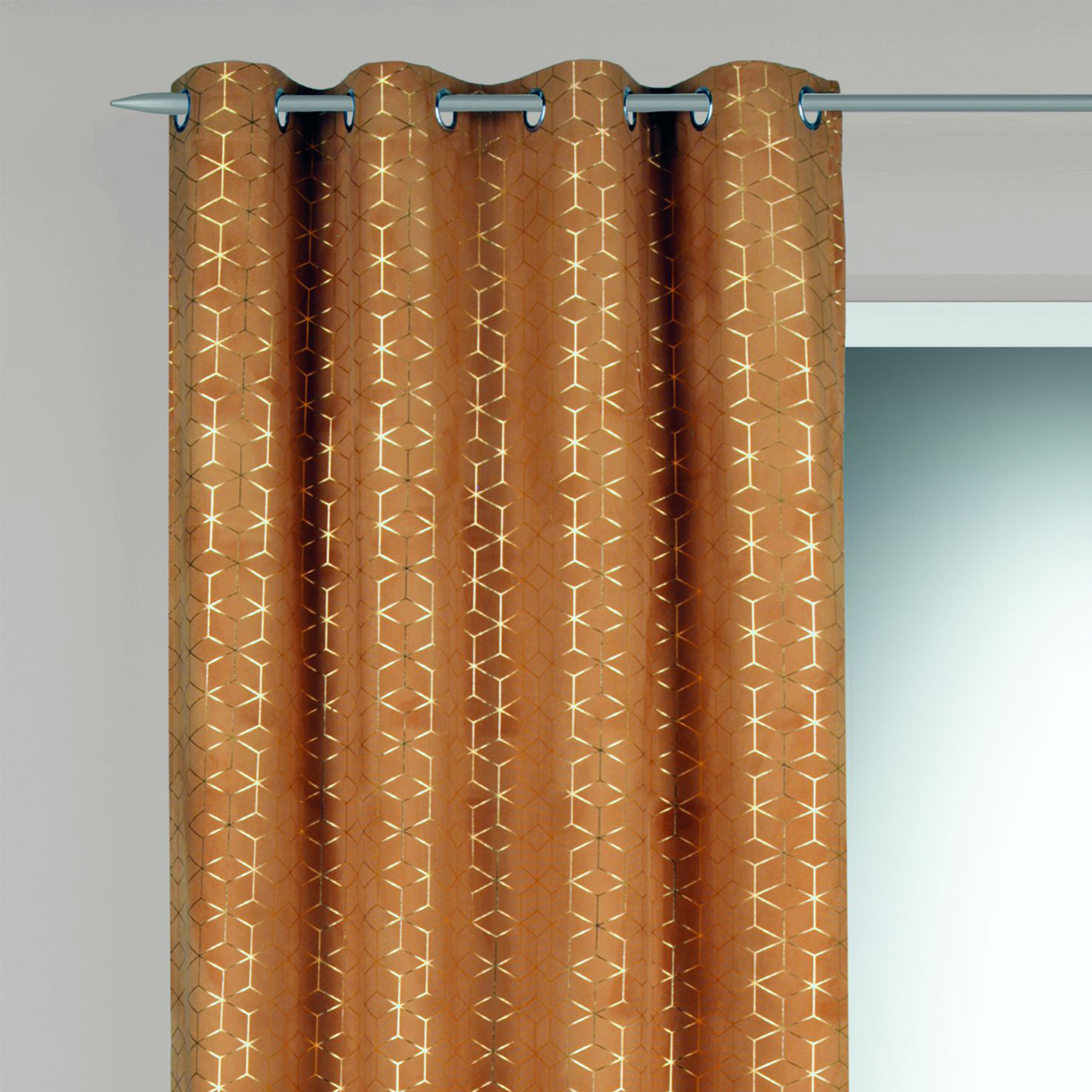 Rideau en velours motifs géométriques dorés polyester safran 245x135 (photo) Rideau en velours motifs géométriques dorés polyester safran 245x135