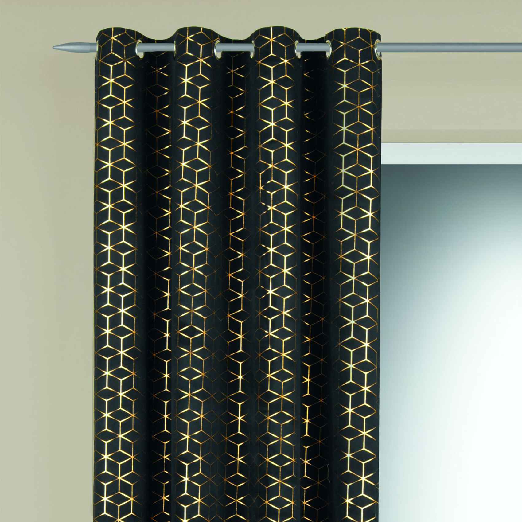 Rideau en velours motifs géométriques dorés polyester noir 245x135 (photo) Rideau en velours motifs géométriques dorés polyester noir 245x135