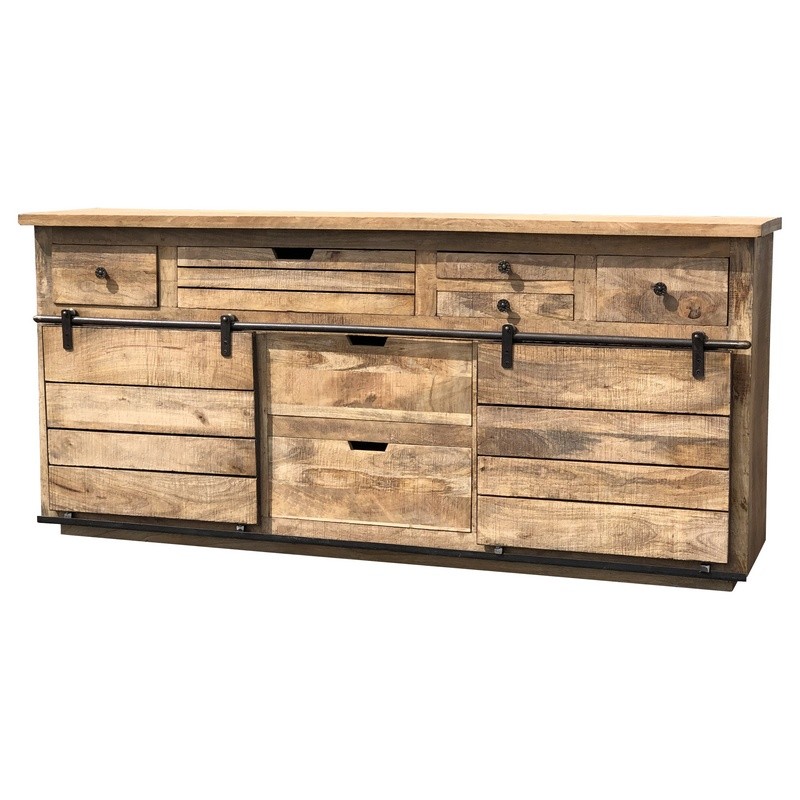 Grand buffet industriel en bois avec tiroirs et porte coulissante