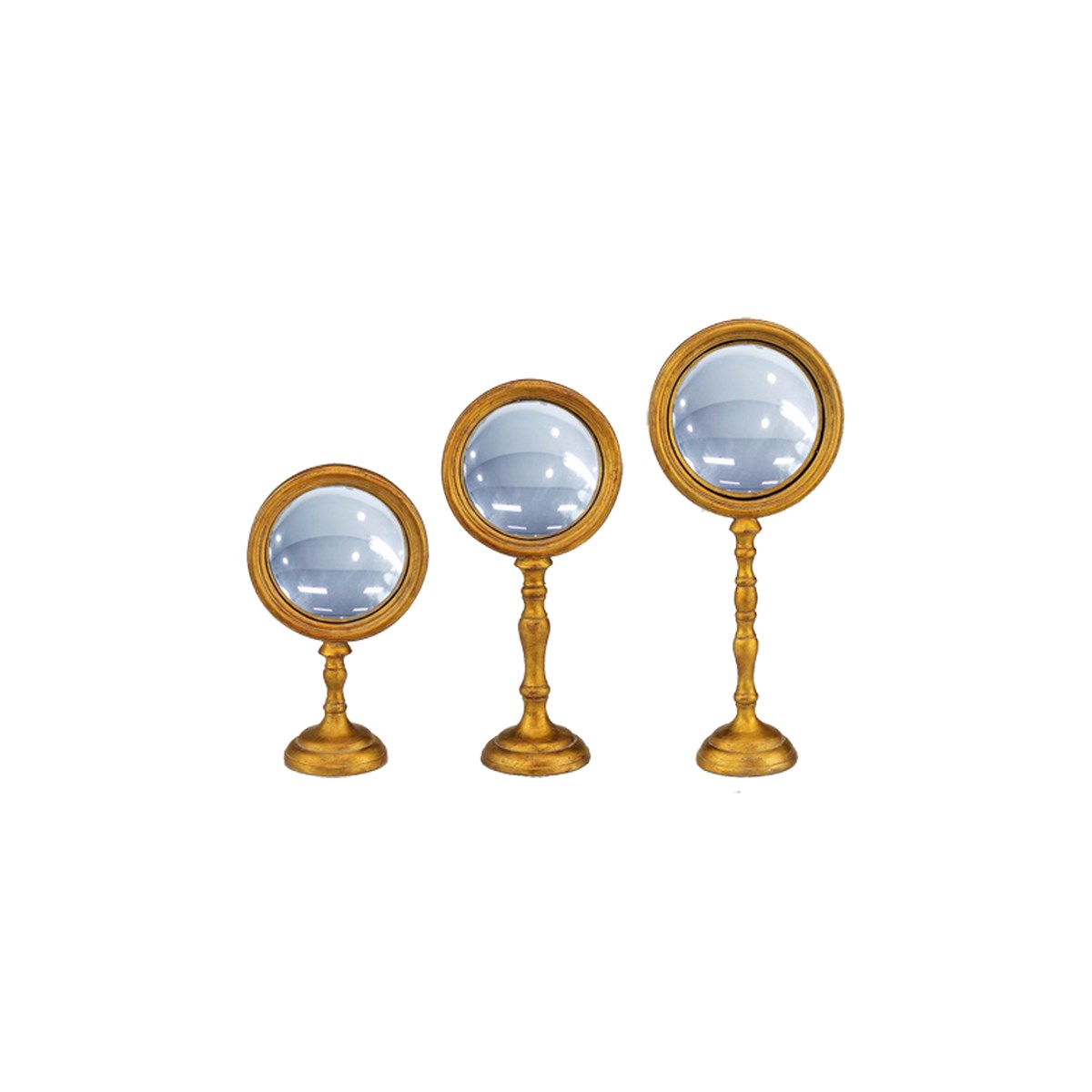 Lot de 3 miroirs convexes sur pied en résine dorée (photo) Lot de 3 miroirs convexes sur pied en résine dorée