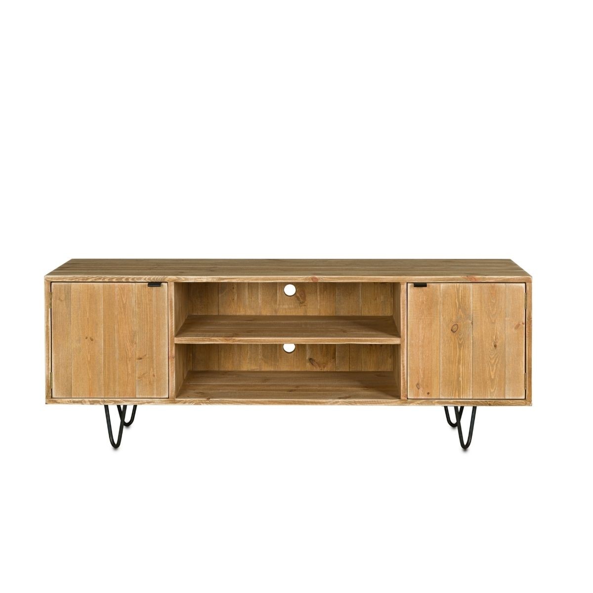 Meuble TV 2 portes pin massif pied acier bois vieilli