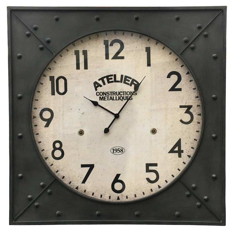 Grande horloge industrielle de gare en fer carré 100x100 Grande horloge industrielle de gare en fer carré 100x100