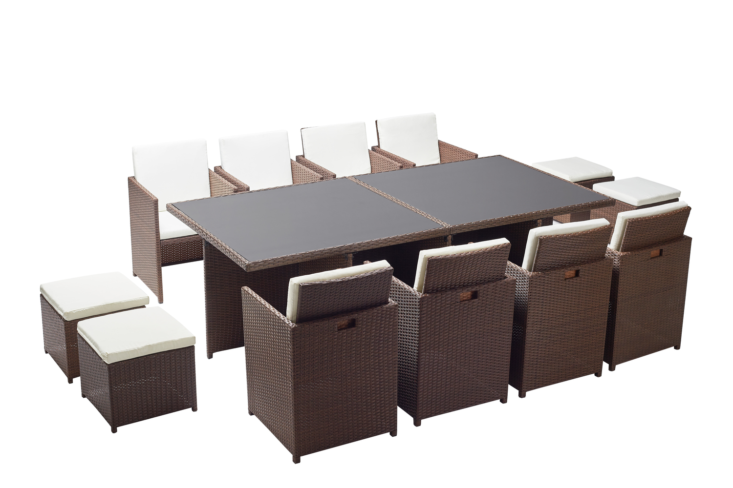 Table et chaises 12 places encastrables résine marron/blanc