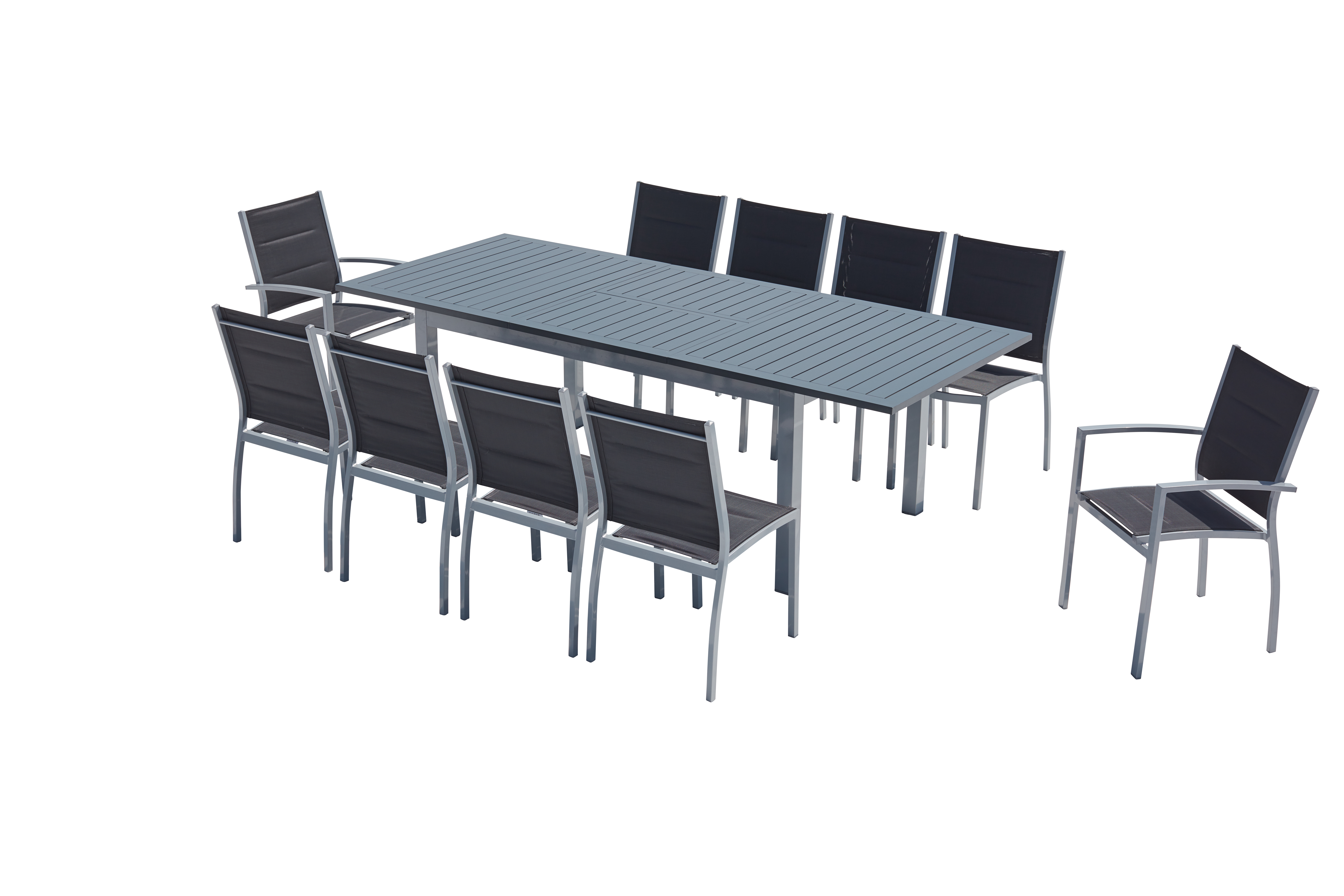Table de jardin extensible et 10 chaises alu/textilène gris