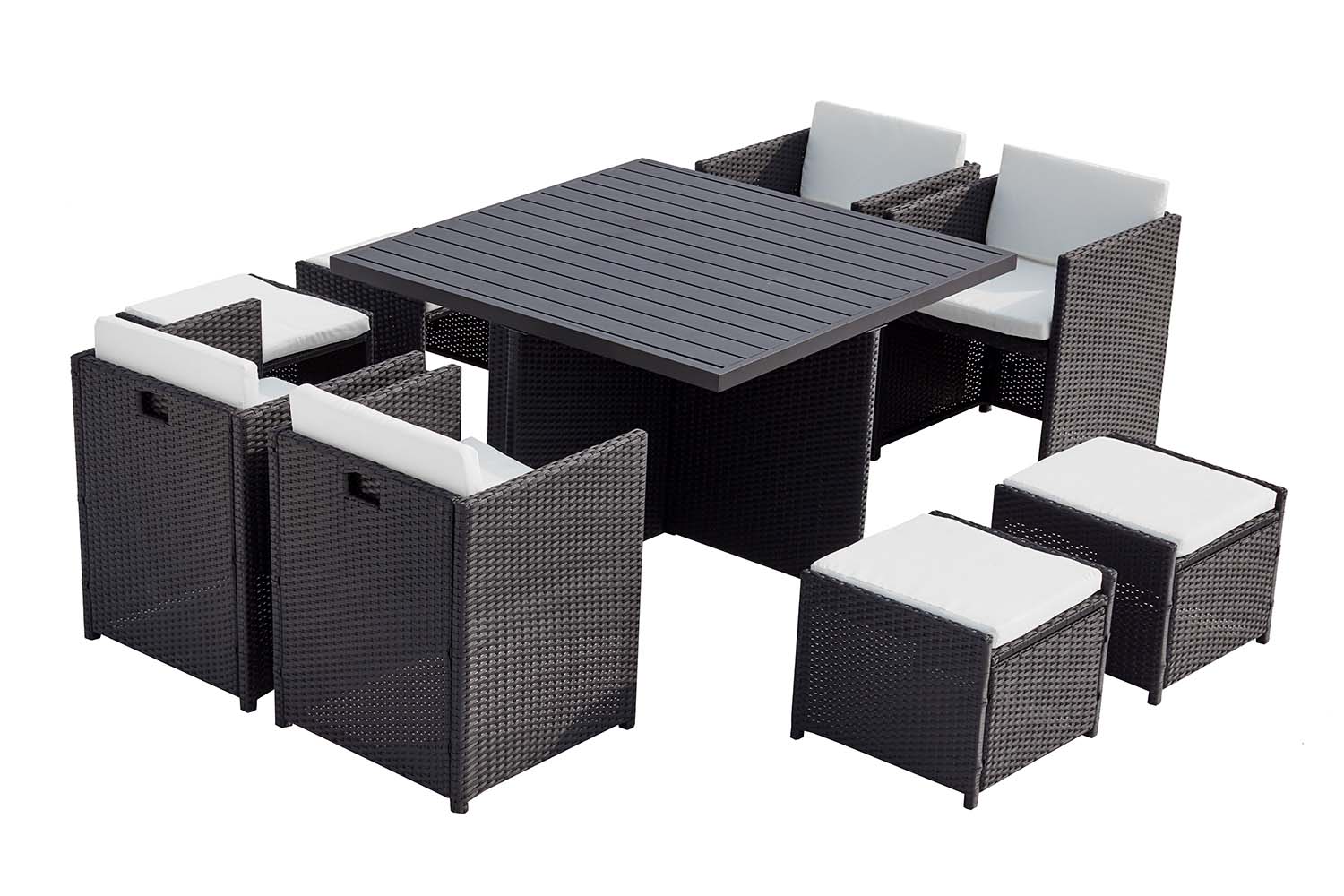 Table et chaise 8 places encastrables alu résine noir/blanc