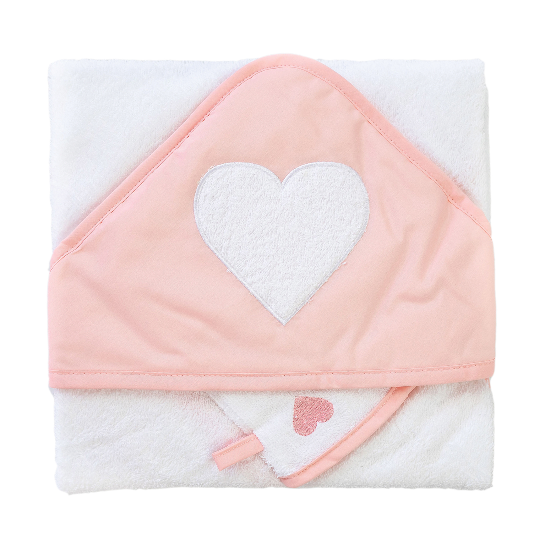Coffret bébé sortie de bain brodée + gant cœur Corail