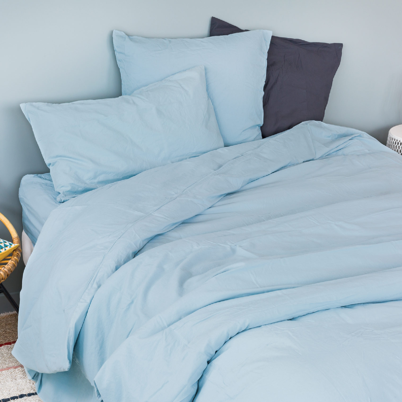 Drap plat en coton lavé coton bleu 280x240 Drap plat en coton lavé coton bleu 280x240