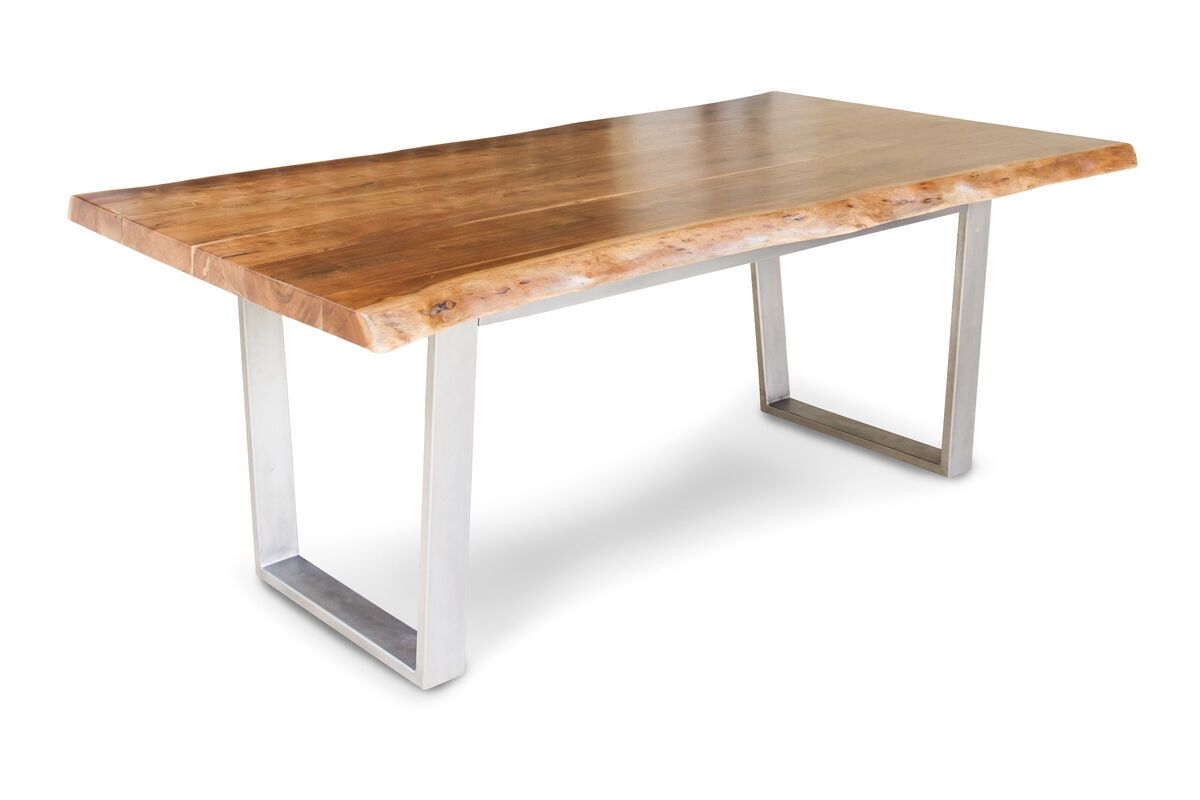 Grande table de repas en métal argenté et bois marron (photo) Grande table de repas en métal argenté et bois marron