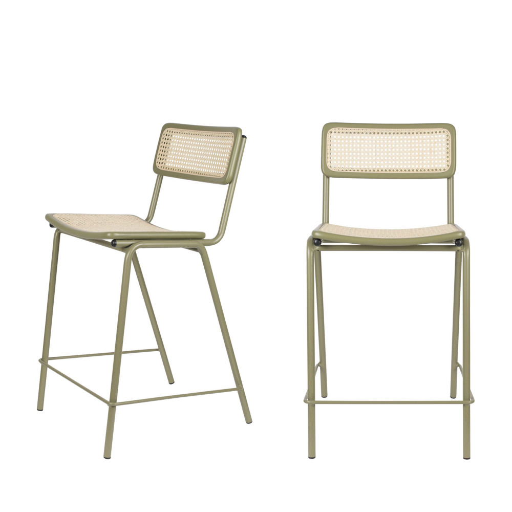 2 tabourets de bar en cannage 66cm vert de gris (photo) 2 tabourets de bar en cannage 66cm vert de gris